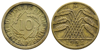 ГЕРМАНИЯ 10 РЕНТЕНПФЕННИГОВ 1924 A KM 33, J. 309, Weege 8 алюминиевая бронза 4380-937