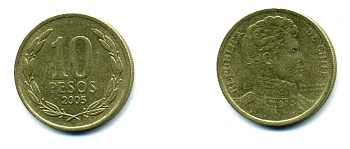 ЧИЛИ 10 ПЕСО 2005 ГЕНЕРАЛ БЕРНАРДО О ХИГГИНС KM 228.2 никель-бронза 37-223