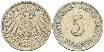 Германия 5 пфеннигов 1910 D KM 11, J. 12, Weege 6 медно-никель 206-958