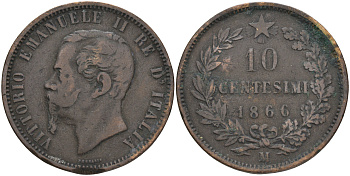 ИТАЛИЯ 10 ЧЕНТЕЗИМО 1866 М, ВИКТОР ЭММАНУИЛ II (1861-1878) KM 11.1 бронза 189-511
