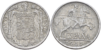 ИСПАНИЯ 5 СЕНТИМО 1945 РЫЦАРЬ НА КОНЕ KM 765алюминий4181-1038