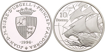 Андорра 10 динеров 1996 парусник KM 120 серебро PROOF 00-00