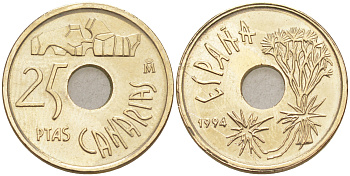 ИСПАНИЯ 25 ПЕСЕТ 1994 КАНАРСКИЕ ОСТРОВА (CANARIAS), ХУАН КАРЛОС I (1975-) KM 933 никель бронза 187-741