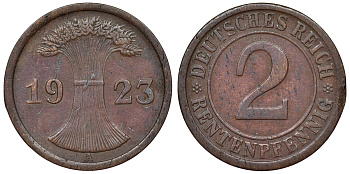 Германия 2 рентенпфеннига 1923 А KM 31, J. 307 бронза 71-1056