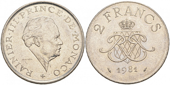 Монако 2 франка 1981 Ренье III (1949-2005) KM 157 никель 73-1633