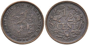 Нидерланды 1/2 цента 1928 Вильгельмина (1890-1948) KM 138 бронза 4576-514