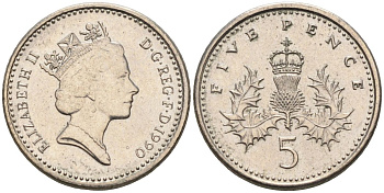Великобритания 5 пенсов 1990 Елизавета II (1952-2022) KM 937b, Spink 4372 (D4) медно-никель 4115-724