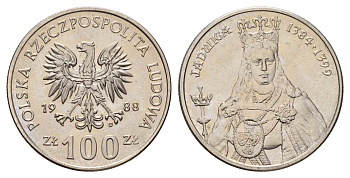 Польша 100 злотых 1988 MW, серия Польские короли, Королева Ядвига Y 183 медно-никель UNC 4653-811