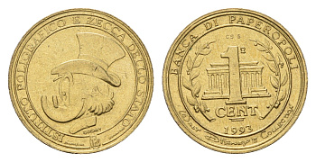 Италия детский игровой жетон - 1 цент 1993 Голова Скруджа Макдака, диаметр 20 мм, вес 3,6 гр бронза 4669-269