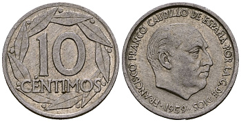 Испания 10 сентимо 1959 Франсиско Франко (1939 - 1975) KM 790 алюминий 4164-1018