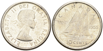 Канада 10 центов 1955 Елизавета II (1952-2022), парусник KM 51 серебро        4147-341