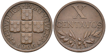 Португалия 10 сентаво 1966 KM 583 бронза 4588-445