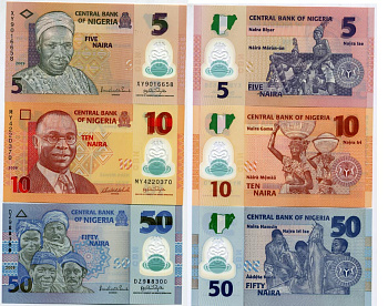 Нигерия 5, 10, 50 найра 2009 Pick 38 b (2), 39 a (1), 40 a (2) пластик UNC (пресс) 448-110-7-1