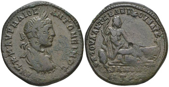 Римская Империя, Провинция Нижняя Мезия, Маркианополь АЕ 218 - 222 Элагабал, бюст императора / Речной бог, 9,44 гр AMNG I 1, 835 медь 1073-22-15