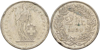 ШВЕЙЦАРИЯ 2 ФРАНКА 1990 В KM 21а.3 медно-никель 4551-856