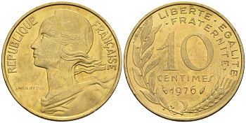 Франция 10 сантимов 1976 тип Марианна KM 929 медь алюминий никель 4594-1163