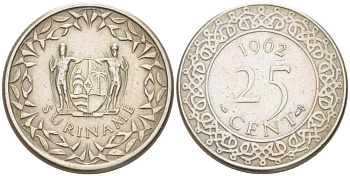 Суринам 25 центов 1962 KM 14 медно-никель 100-468