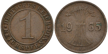 Германия 1 рейхспфенниг 1935 F KM 37, J. 313 бронза 4124-834