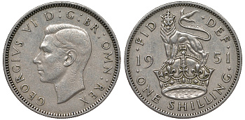 Великобритания 1 шиллинг 1951 Георг VI (1936-1952), Английский герб KM 876, Spink 4108 медно-никель 4122-541