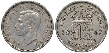 Великобритания 6 пенсов 1947 Георг VI (1936-1952) KM 862, Spink 4105 медно-никель 4124-744