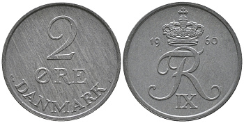 Дания 2 эре 1960 C; S, Фредерик IX (1947-1972) KM 840.2 цинк UNC 34-513
