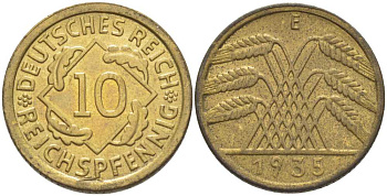 ГЕРМАНИЯ 10 РЕЙХСПФЕННИГОВ 1935 E KM 40, J. 317, Weege 9 алюминиевая бронза 210-416