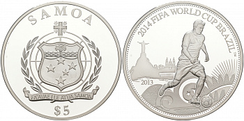 Самоа 5 тала 2013 FIFA, Чемпионат мира по футболу в Бразилии 2014 KM NEW серебро PROOF 11-078-44