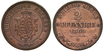 Саксония 2 пфеннига 1869 В, Иоганн (1854-1873) KM 1217, Jaeger 121, AKS 155 медь 75-1014