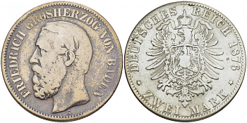 Баден 2 марки 1876 G, Фридрих I (1856-1907) J. 26, KM 265 серебро 02-264-48