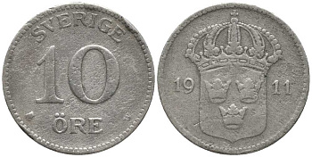 Швеция 10 эре 1911 W, Густав V (1907-1950) КМ 780 серебро 201-1067