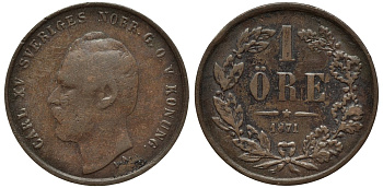 Швеция 1 эре 1871 L.A., Карл XV (1859-1872) KM 705 бронза 26-1161