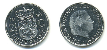 Нидерланды 2 1/2 гульдена 1980 Юлиана (1948-1980) KM 191 никель UNC 84-1325
