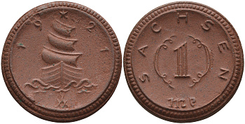 Саксония 1 марка 1921 парусник J. N 55 фарфор 1094-4-23