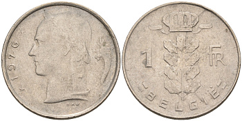 Бельгия 1 франк 1976 Belgie, Бодуэн I (1951-1993) KM 143.1 медно-никель 92-353