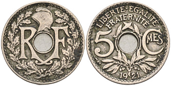 Франция 5 сантимов 1921 тип Lindauer, Petit Module KM 875, Le Franc 122.3 медно-никель 4585-231