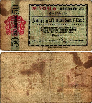 ПАССАУ 50000000000 МАРОК 1923 НОТГЕЛЬД, 3 НОЯБРЯ 1923, ЗЕМЛЯ БАВАРИЯ Keller 4243t бумага 6318-38-3-1