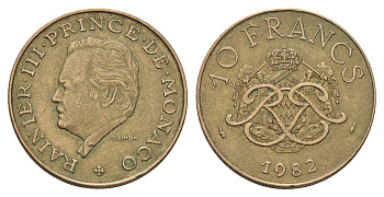 Монако 10 франков 1982 Ренье III (1949-2005) KM 154 медь никель алюминий 4681-343