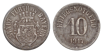 Фюрт в Баварии 10 пфеннигов 1917 Funck 145.3, Men05 8540.9, Men18 10637.9 железо 4636-1163