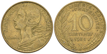 Франция 10 сантимов 1984 KM 929 алюминиевая бронза 4564-1032