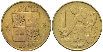 Чехословакия 1 крона 1992 KM 151 алюминиевая бронза 190-755