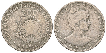 Бразилия 200 реалов 1901 MCMI, голова свободы вправо KM 504 медно-никель 4612-332