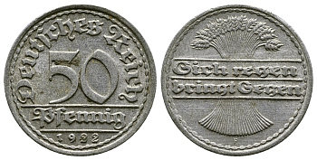 ГЕРМАНИЯ 50 ПФЕННИГОВ 1922 F KM 27, J. 301, Weege 10 алюминий 4380-912