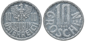 АВСТРИЯ 10 ГРОШЕЙ 1990 KM 2878 алюминий 72-1412