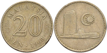 Малайзия 20 сенов 1968 здание Парламента KM 4 медно-никель 4551-912
