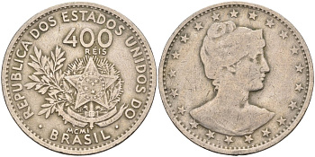 Бразилия 400 рейс 1901 голова свободы вправо KM 505 медно-никель 4367-223