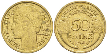ФРАНЦИЯ 50 САНТИМОВ 1941 ТИП MORLON KM 894.1, LE FRANC 192.18 алюминиевая бронза 44-521