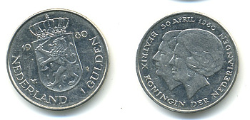 Нидерланды 1 гульден 1980 на коронацию Беатрикс, 30 апреля 1980 KM 200 никель 84-1011