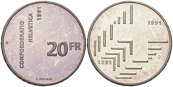 Швейцария 20 франков 1991 B, 700 лет Швейцарской Конфедерации KM 70 серебро  PROOF  4593-1045