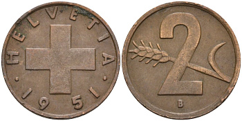 Швейцария 2 раппена 1951 В KM 47 бронза 4114-632