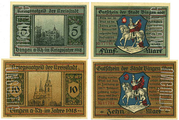 БИНГЕН-НА-РЕЙНЕ, ГЕРМАНИЯ НАБОР ИЗ 2 БАНКНОТ 1918-1919 25 ОКТЯБРЯ 1918 - 1 ФЕВРАЛЯ 1919, НОТГЕЛЬД, ЗЕМЛЯ ГЕССЕН (5 И 10 МАРОК) Geiger 047.01, 047.02 бумага UNC (ПРЕСС) 8613-16-1